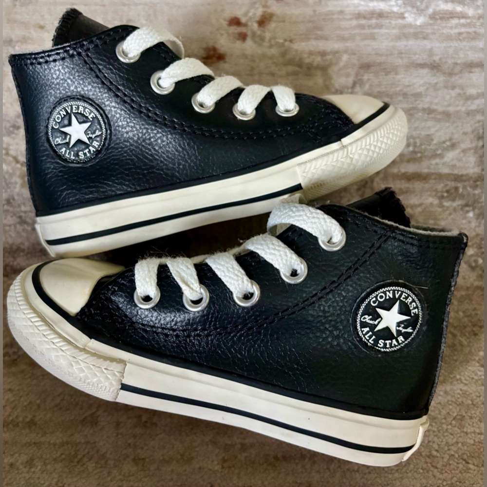 Converse All Star Black Leather Toddler High Tops